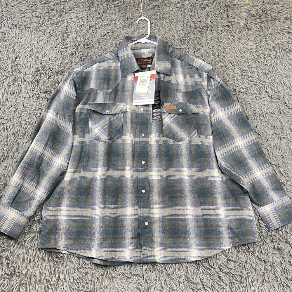 Men’s Extra Heavy Pearl Snap Plaid Flannel Outdoor Shacket Blue Gray Wht 2XL NWT